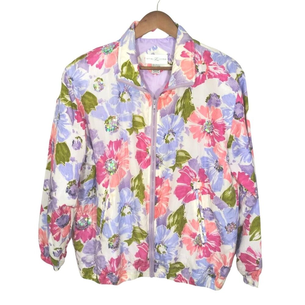 Vital Zone Colorful 100% Silk Floral Print Sequin Accents Windbreaker Sz Medium